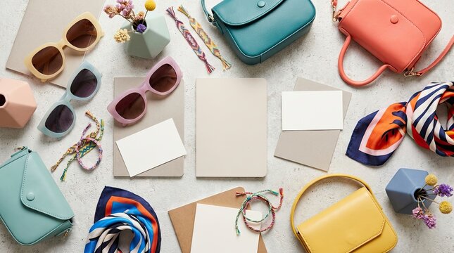 A flat lay arrangement showcases a collection of stylish accessories including sunglasses, handbags, bracelets, scarves, and cards.