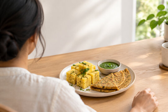 Plate of dhokla and thepla with chutney on grocery table, Indian food concept