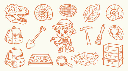 Charming illustration of a young paleontologist exploring ancient fossils and artifacts with excavation tools and a magnifying glass. © quina