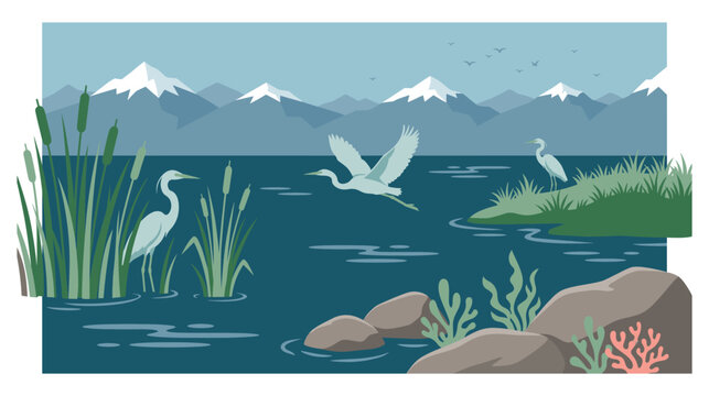 Minimalist lake landscape vector illustration with flying herons.