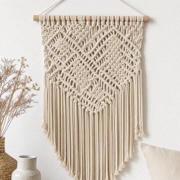 Handmade macrame wall hanging with intricate knot pattern on white wall, boho home decor lifestyle interior photography
