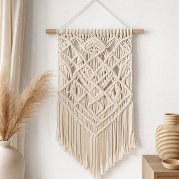 Handmade macrame wall hanging with intricate knot pattern on white wall, boho home decor lifestyle interior photography