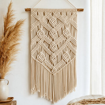 Handmade macrame wall hanging with intricate knot pattern on white wall, boho home decor lifestyle interior photography