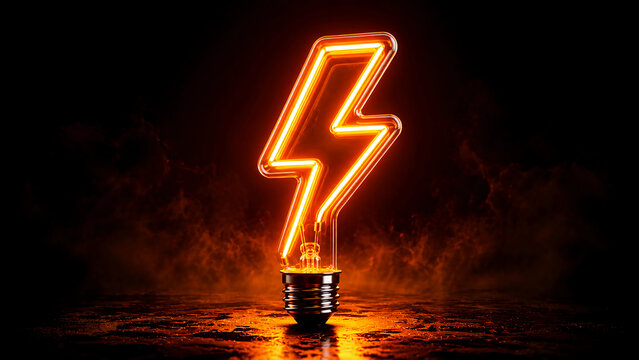 Lightning Bolt Shaped Glowing Lightbulb on Dark Surface with Smoke Background, Electric Energy Concept

