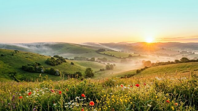 The image captures a breathtaking panoramic view of rolling hills bathed in the warm glow of a sunrise.
