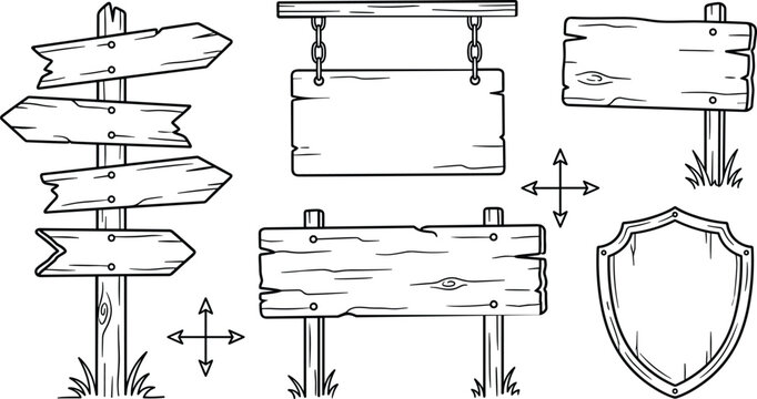 Blank Wooden Directional Signposts Hanging Boards and Shield Crest Vector Set in Hand Drawn Line Art Style for Banner Designs