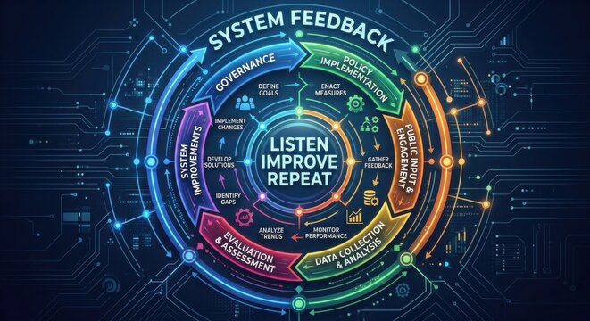 Interactive System Feedback Loop Diagram: Governance, Policy, Engagement, and Improvement Cycle