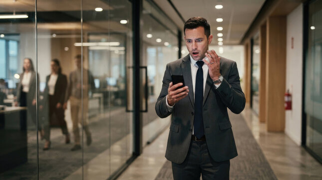 A surprised businessman in a gray suit is holding a smartphone in a modern office hallway. He appears shocked and is gesturing with his hand to his mouth.