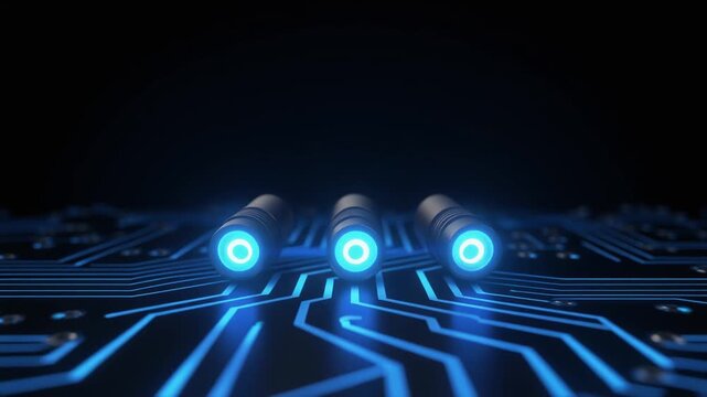 Glowing Blue Circuit Via Points Lighting Up in Sequence