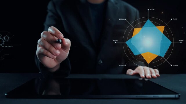 A business professional interacts with a digital tablet displaying dynamic data visualizations, emphasizing key performance metrics in a modern workspace. Qubit