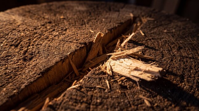 Cracked wood stump with rough texture in sunlight close-up view