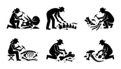 Fototapeta premium Paleontology Icons: Fossil Excavation, Dinosaur Bones, Archeology Digs, Scientific Discovery Vector Set