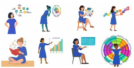 Fototapeta premium Vector illustrations of a business woman for career growth, skill assessment, performance tracking, and self-improvement concept
