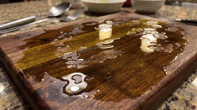 Golden olive oil spilled on a rustic wooden cutting board in kitchen