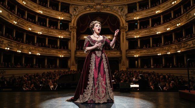 A mezzo-soprano opera singer passionately sings on a grand stage in a historic opera house. She wears a luxurious, deep red gown with intricate gold embroidery and a dramatic, flowing cape.