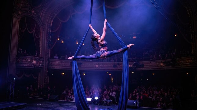 A female aerialist performs a dynamic movement in mid-air, suspended by a blue silk rope. She is gracefully suspended above a theater stage, surrounded by an audience.