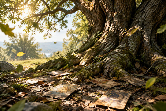 Weathered divination cards scattered under an ancient oak tree, leaves moving in dappled sunlight.