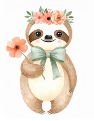 Fototapeta premium A cute sloth wearing a flower crown and a big green bow, holding a peach-colored flower with a gentle smile.