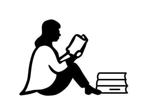 Person sitting and reading a book with stacked books line art illustration