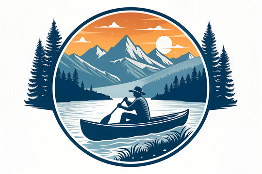 Paddler in canoe on calm lake with majestic mountains and sunset inside circular emblem.