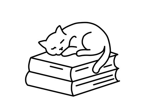 Sleeping cat resting on stacked books line art illustration