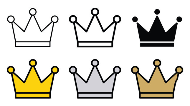 Set of six simple crown icons in different styles including outline flat solid gold silver and bronze colors for graphic design elements