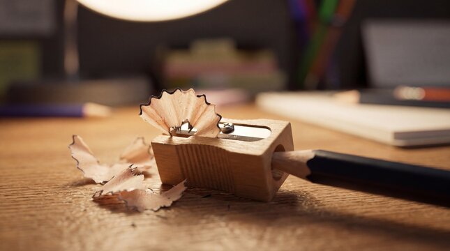 Wooden pencil sharpener with wood shavings on a desk in an office