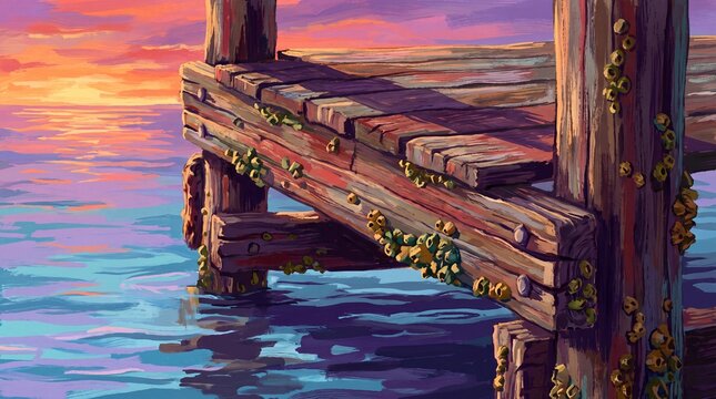 Wooden pier with barnacles over calm ocean water at vibrant sunset