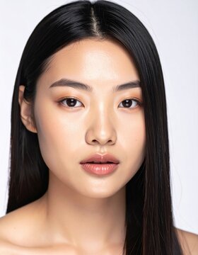 Close-up portrait of a young Asian woman with flawless skin, straight black hair, and a neutral expression against a plain white background.