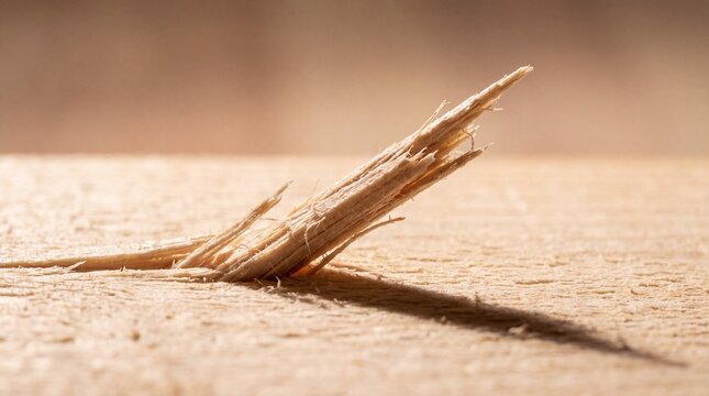Broken wooden plank splinter protruding from a textured pine board surface