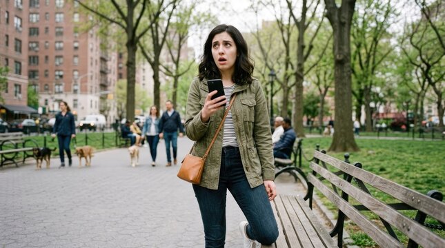 A young woman holds a smartphone, appearing startled and concerned.