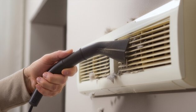 Human hand using a vacuum cleaner nozzle to remove accumulated dust from a dirty air vent, visible dust particles and debris around the ventilation openings.