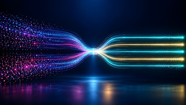 Abstract digital particles condensing into straight light trails illustrating data compression filtering and algorithm processing