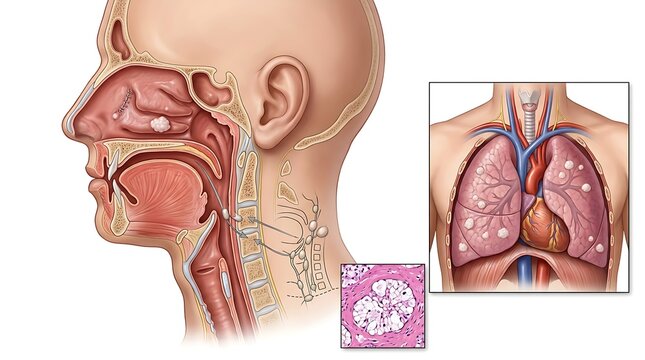 Anatomical oncology illustration showing cancer metastasis from the nasal cavity to the cervical lymph nodes and lungs, including a microscopic histological view of malignant cells on white.