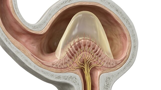 Close-up 3D render of the anatomical structure of the human inner ear balance organ, focusing on the hair cells, otolithic membrane, and sensory nerves within the vestibular system