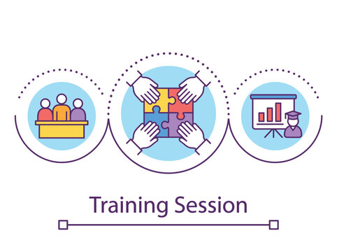 Corporate training session and team development process infographic with icons showing people learning and working together