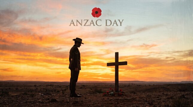 A soldier standing at a grave during sunset to honor those remembered on veteran day and anzac day