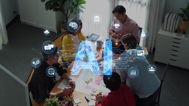 A diverse group of professionals engages in creative collaboration focused on AI projects in a modern office, surrounded by digital elements representing innovation and teamwork. Raster