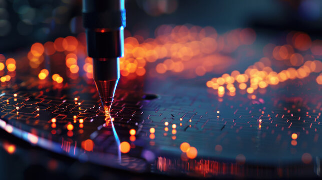 Laboratory Probe Gently Touching Circuit Board in Scientific Setting