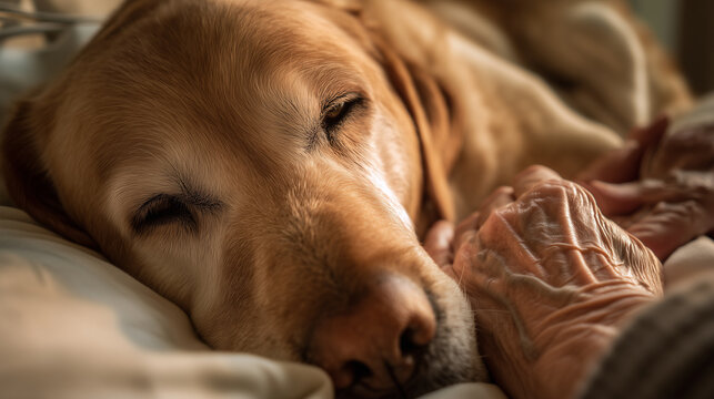 Emotional support animal. Dog and senior person share a moment of companionship and warmth as an elderly hand gently touches a golden retriever in a cozy setting. Image made using Generative AI.