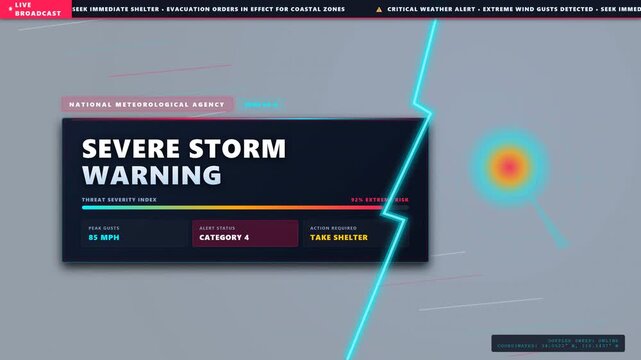 Digital severe weather warning graphic interface featuring a radar sweep and critical wind gust data for urgent broadcast emergency alerts