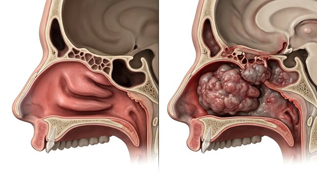 Sagittal cross section view comparing a normal human nasal cavity with a pathological sinonasal tumor growth causing obstruction of the airway in a professional 3D medical render illustration.