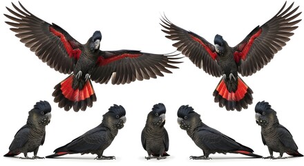 Fototapeta premium Red tailed black cockatoo set on white background