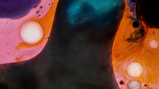 Abstract macro liquid motion with vibrant oil and ink colors mixing on surface.