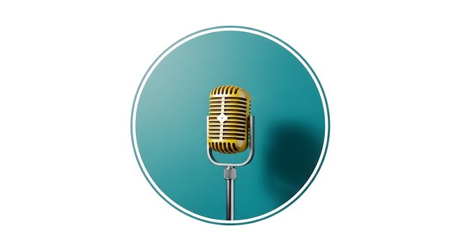 Vintage microphone centered in a teal circle on a simple white background