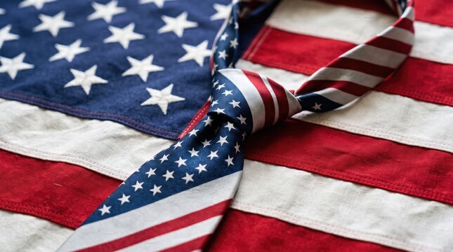 A patriotic necktie featuring the stars and stripes pattern resting on a folded american flag for veteran day