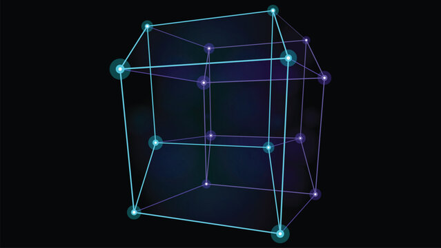 Abstract neon tesseract hypercube vector illustration representing complex data network for technology innovation