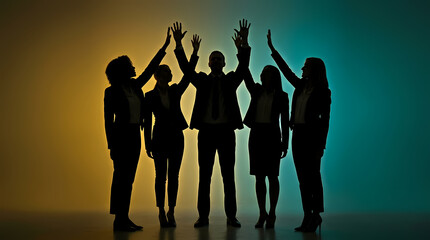 Fototapeta premium Group of business professionals standing together in silhouette reaching upwards to celebrate success and achievement while demonstrating teamwork and unity in a corporate environment for