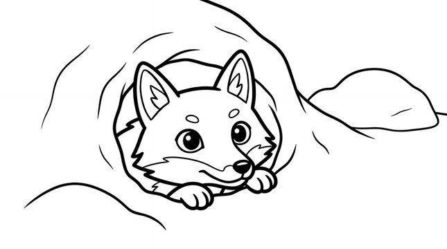 Arctic fox peeking from snow den coloring page