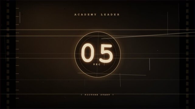 Vintage film countdown leader with glowing number five circle against dark scratched background, concept for cinematic intro, movie premiere opener, retro video editing and video production sequence